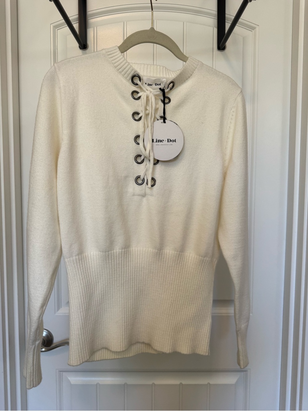 Line & Dot Cream Lace-Up Crewneck Sweater